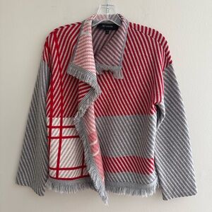 St. John Red & Gray Striped Fringe Open Cardigan Sweater 100% wool